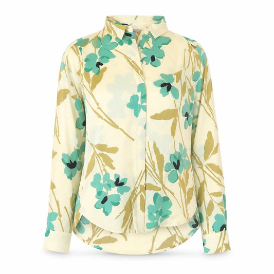 Front view of H&M women’s beige floral polyester basic blouse, size UK 6, collared