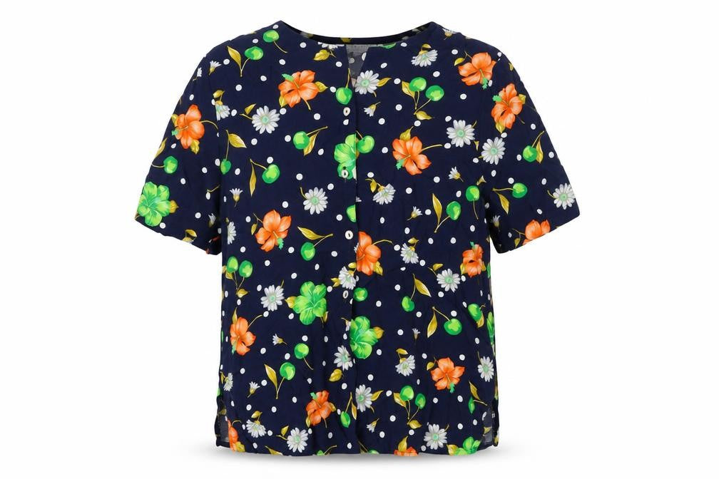 Front view of St Roma women’s blue floral viscose basic button-up, size UK 14, round neck