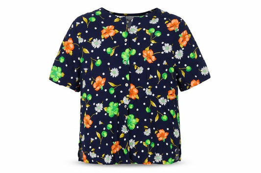 Front view of St Roma women’s blue floral viscose basic button-up, size UK 14, round neck