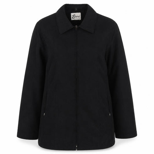 Front view of Elegance women’s black jacket, size UK 12, zip