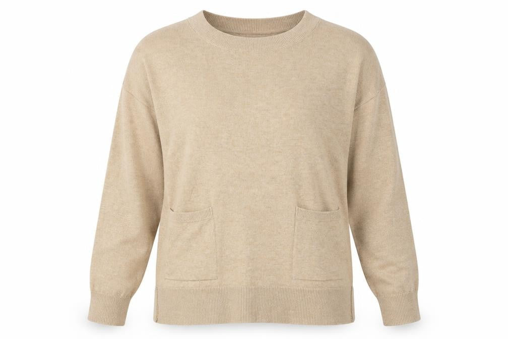 Front view of Gallery women’s beige round neck viscose jumper, size M