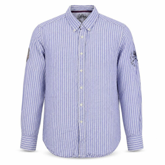 Front view of Pepe Jeans men’s blue striped cotton button-up, size 2XL, collared button