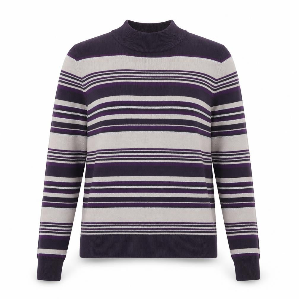 Front view of Marks & Spencer women’s multicoloured round neck striped acrylic jumper, size UK 14