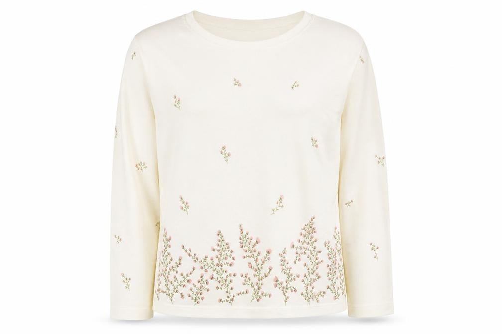 Front view of Berkertex women’s ivory round neck floral modal jumper, size UK 14