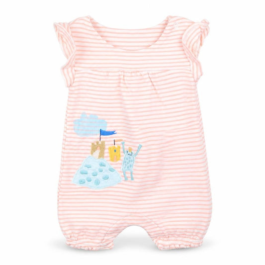Front view of Marks & Spencer girls’ pink striped cotton jumpsuit outfit/set, size 0-3, months