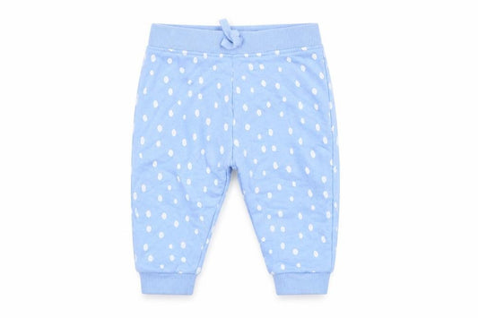 Front view of Dunnes Baby Blue Spotted Cotton Jogger Trousers, size 6-9, Months