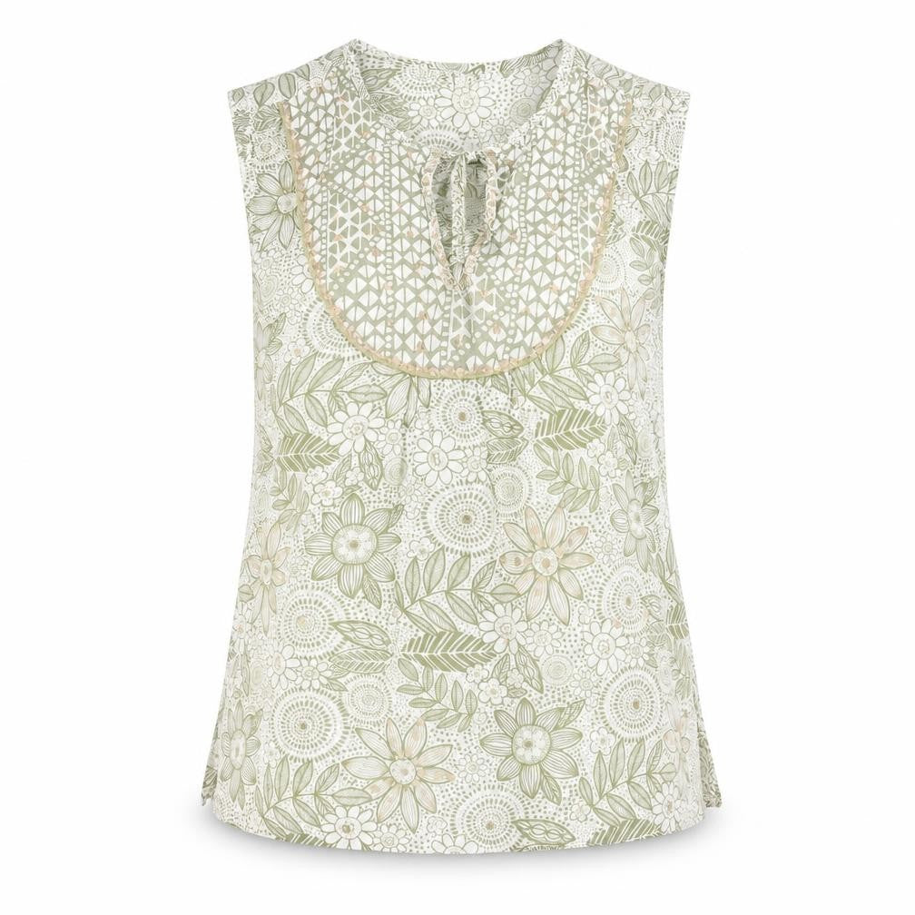 Front view of River Island women’s green geometric polyester basic tank, size UK 14, v-neck