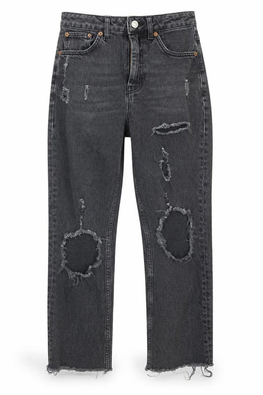 Front view of Topshop women’s black cotton straight jeans, size UK 28, in, 30-inch leg regular button