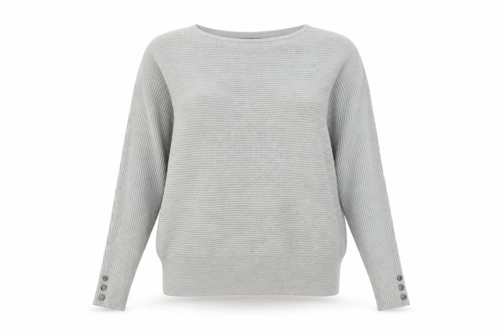 Front view of Primark women’s grey crew neck viscose jumper, size UK 10