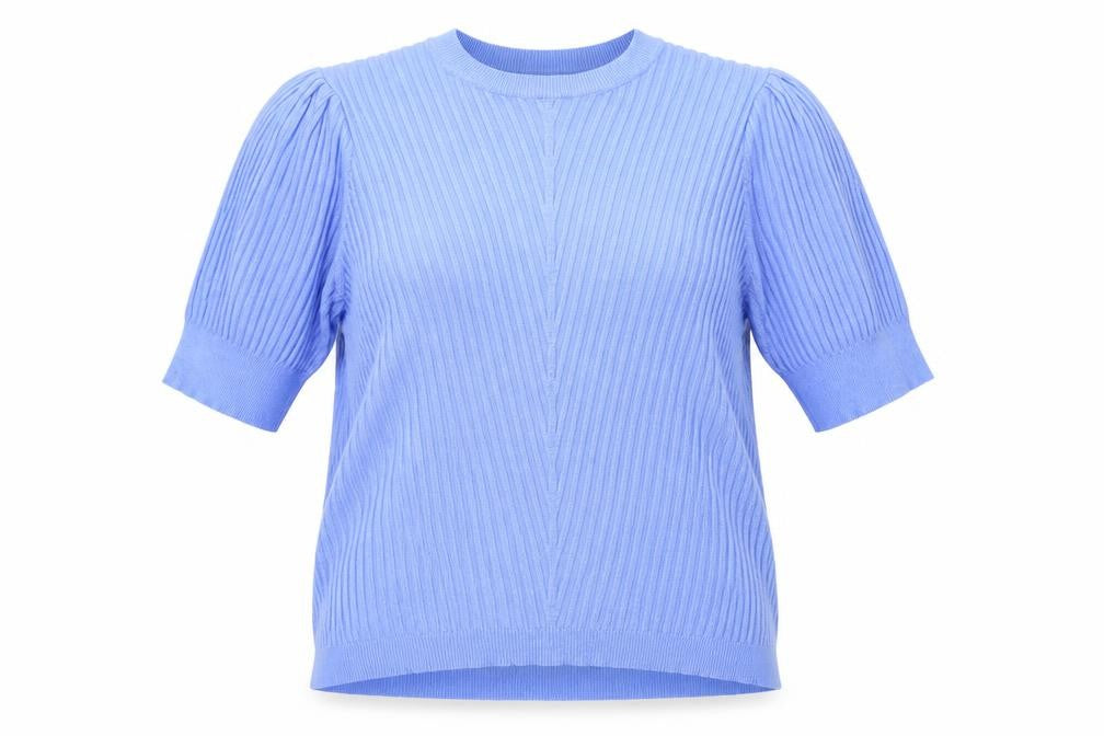 Front view of Marks & Spencer women’s blue crew neck viscose jumper, size UK 14