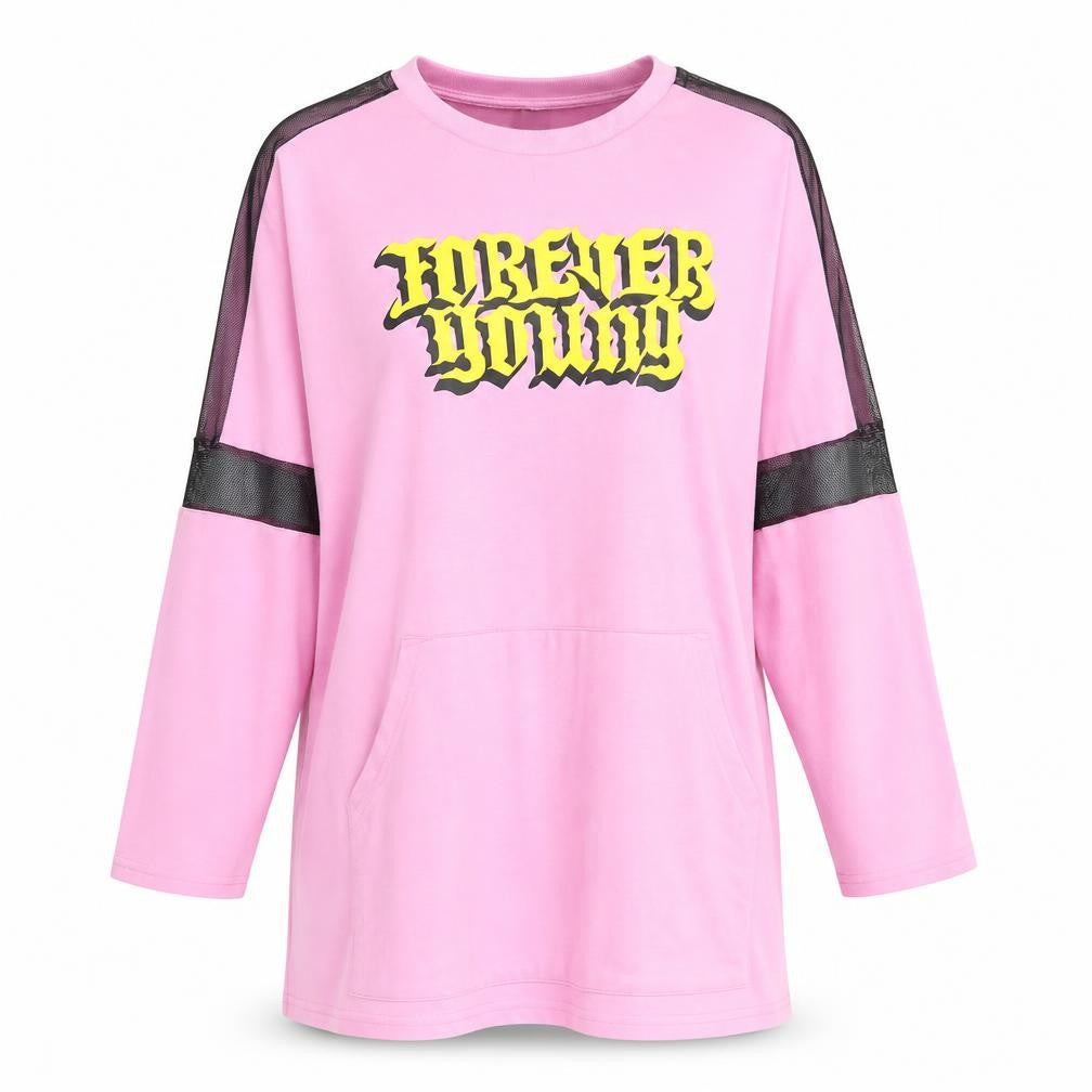 Front view of SHEIN women’s pink polyester tunic sweatshirt, size M, pullover - forever young