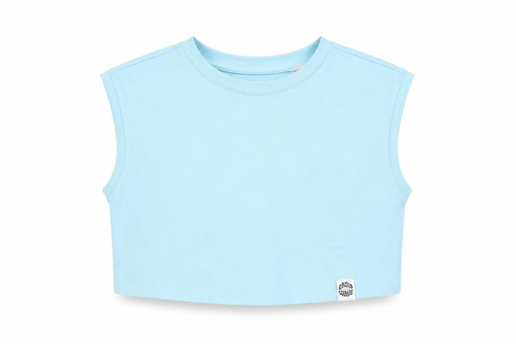 Front view of H&M women’s blue cotton cropped blouse, size XS, crew neck