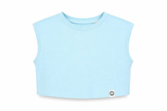 Front view of H&M women’s blue cotton cropped blouse, size XS, crew neck