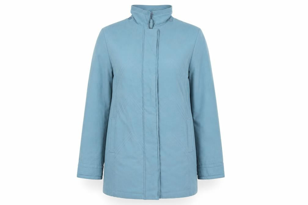 Front view of Klass women’s green parka coat, size L, zip