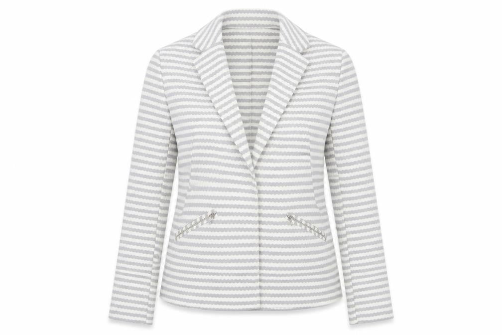 Front view of Soon women’s grey striped jacket blazer, size UK 12
