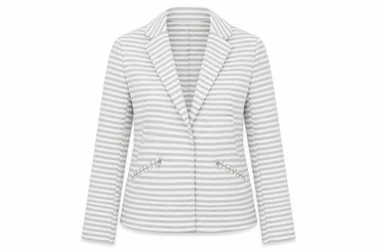 Front view of Soon women’s grey striped jacket blazer, size UK 12