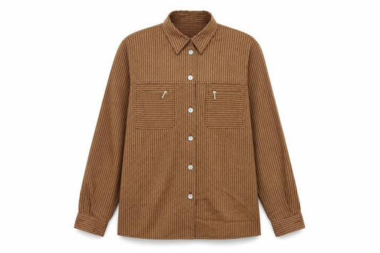 Front view of Starstyle women’s brown striped polyester basic button-up, size UK 10, collared