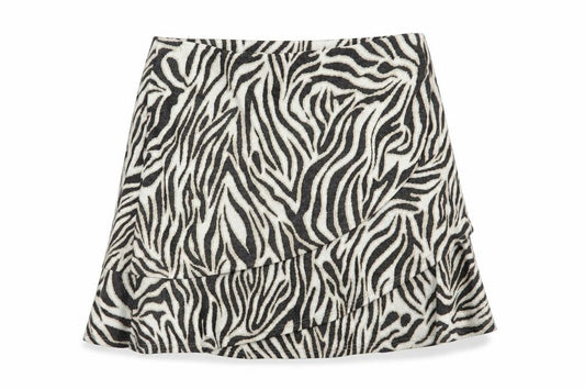Front view of Miss Selfridge women’s beige animal print polyester skater skirt, size UK 14