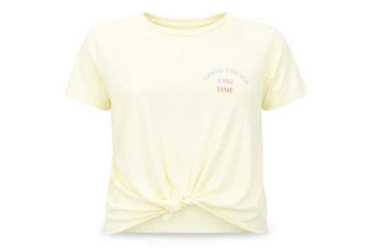 Front view of Primark women’s yellow cotton basic t-shirt, size UK 10, crew neck - good things