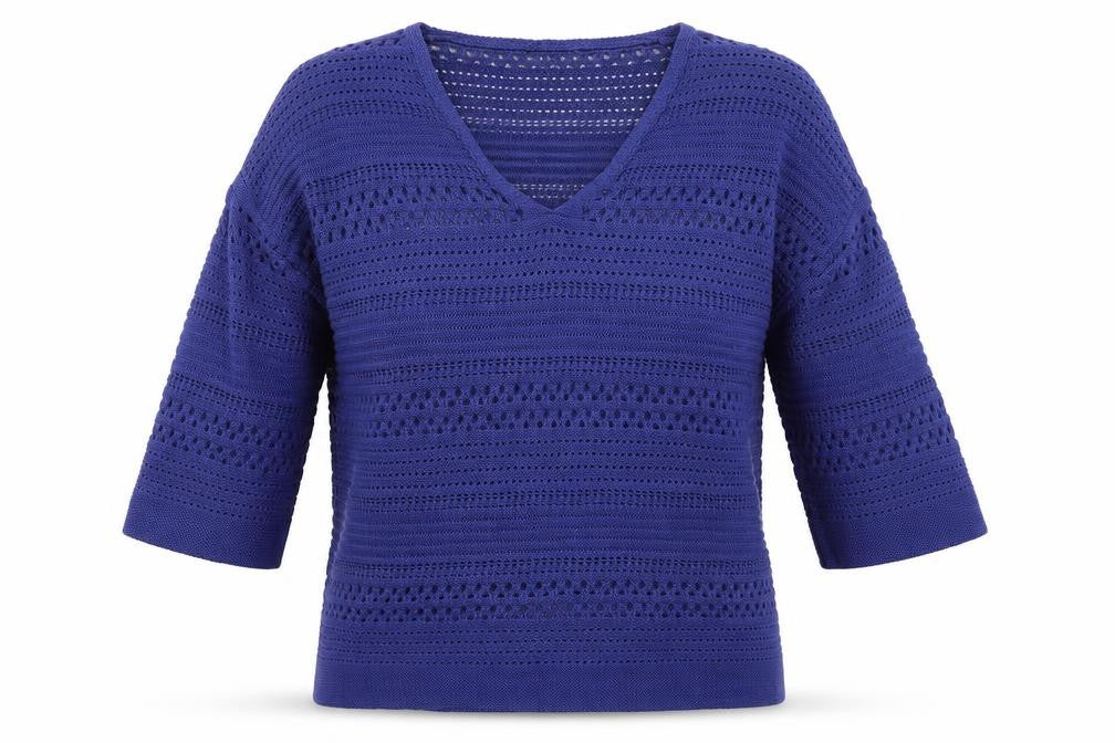 Front view of Papaya women’s blue v-neck cotton jumper, size M