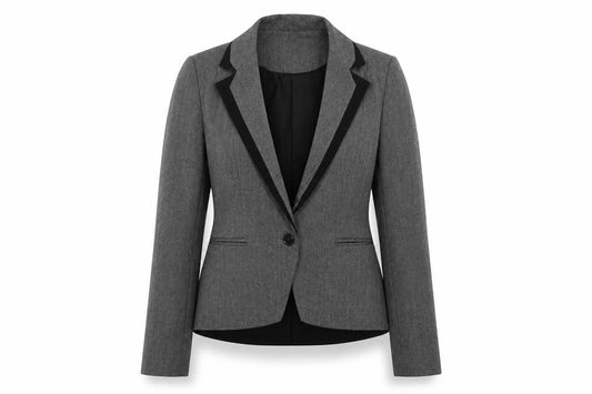 Front view of Warehouse women’s grey polyester jacket suit jacket, size UK 12