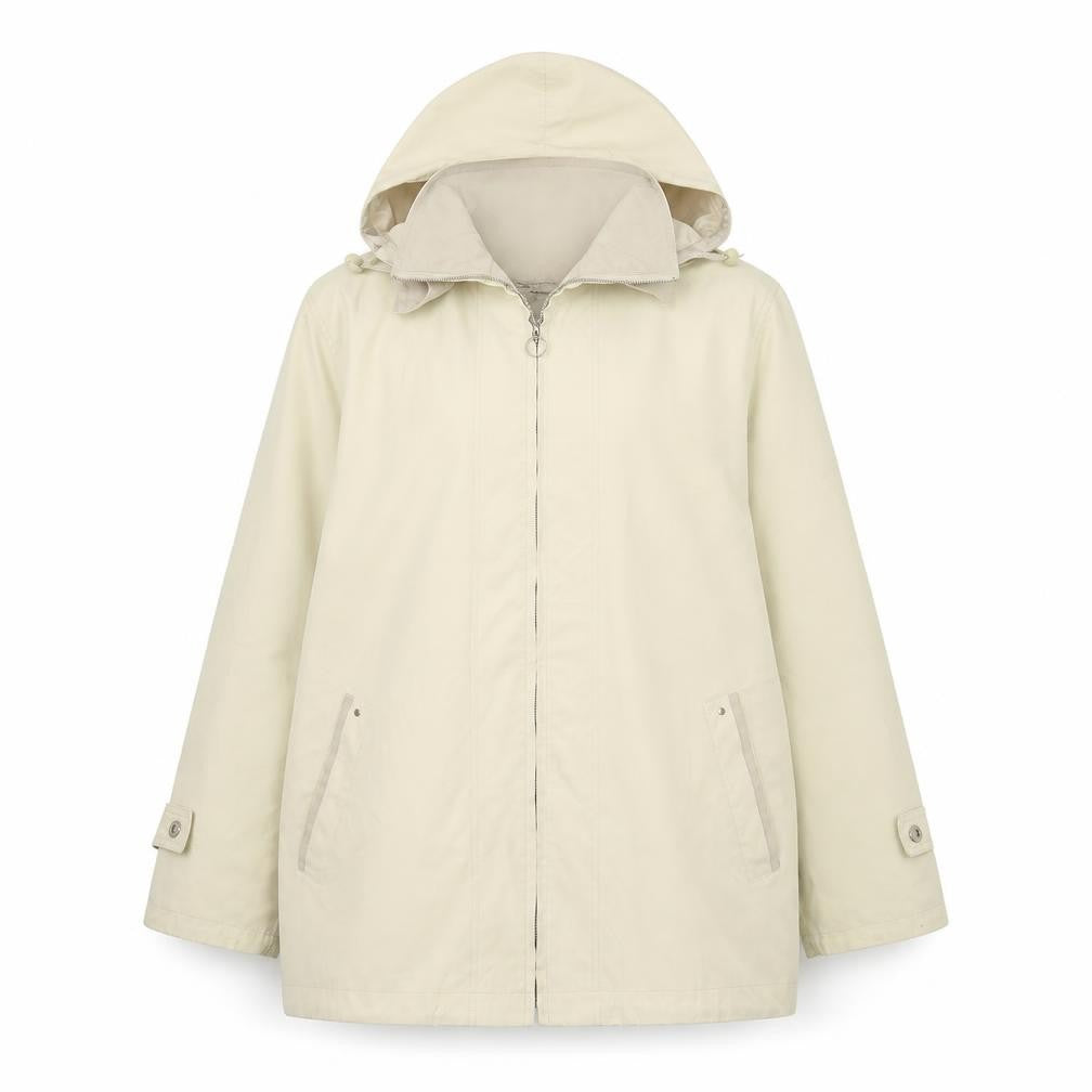 Front view of Mountain Pass women’s ivory overcoat coat, size UK 12, zip