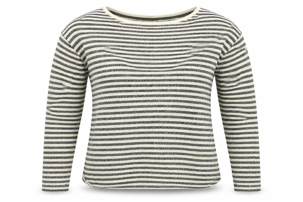 Front view of Next women’s black round neck striped viscose jumper, size UK 8