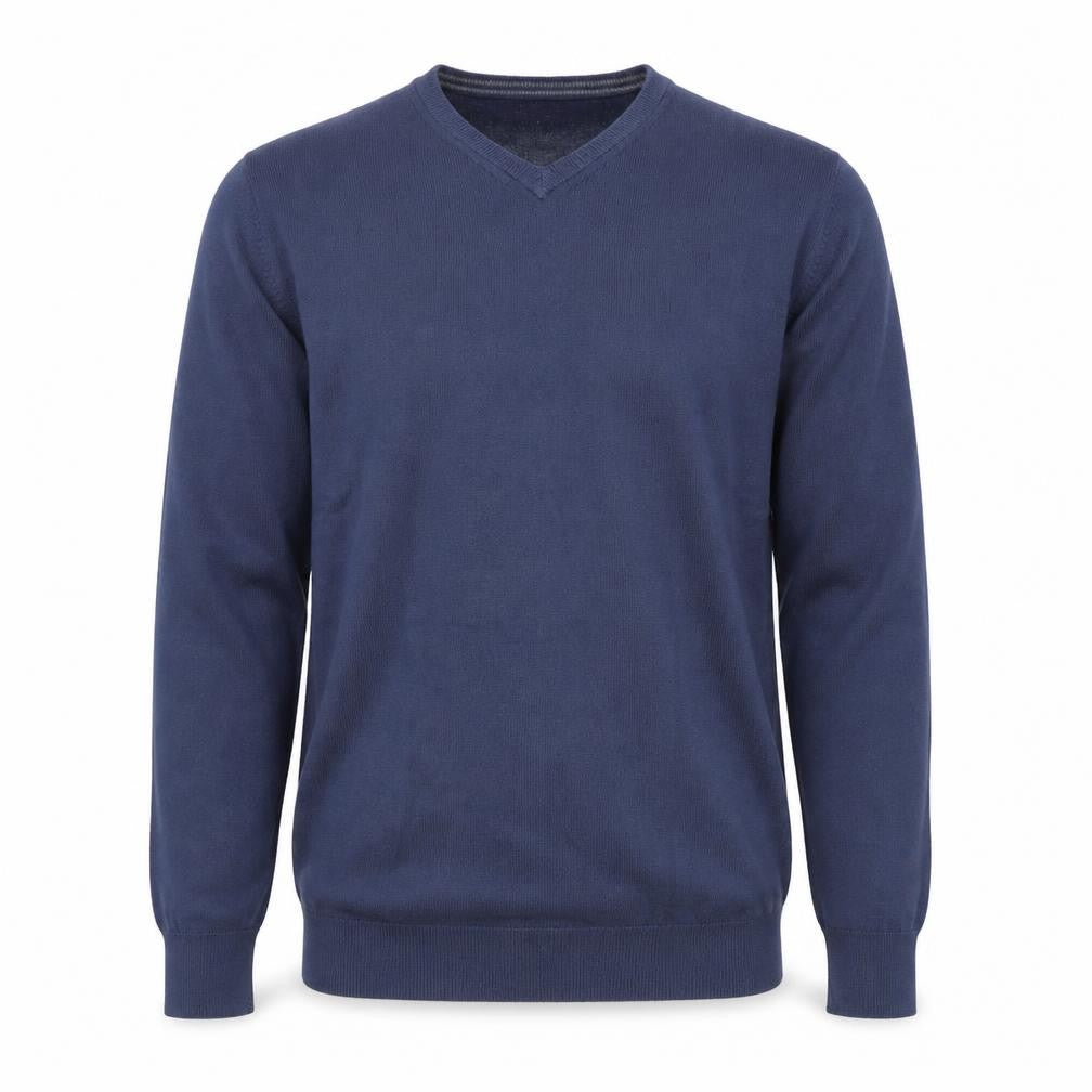 Front view of Lachlan men’s blue v-neck acrylic jumper, size L