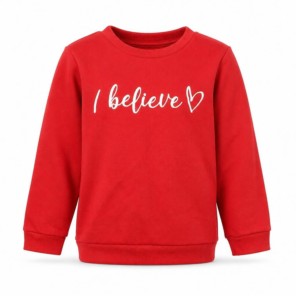 Front view of Preworn girls’ red crew neck polyester jumper, size 2, years pullover