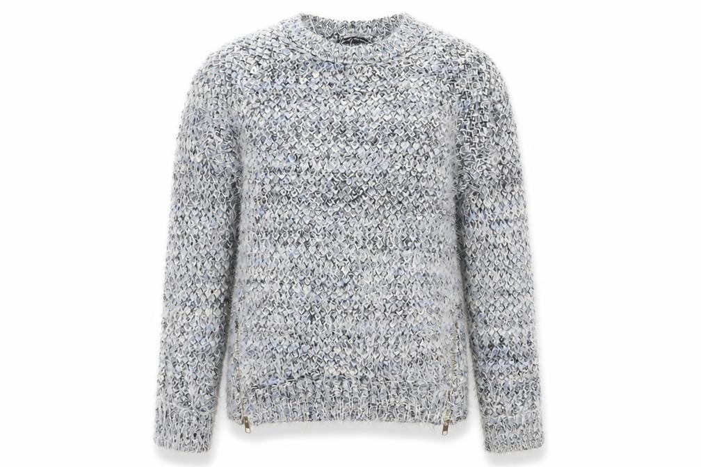 Front view of Candy Couture girls’ multicoloured crew neck acrylic jumper, size 10-11, years pullover
