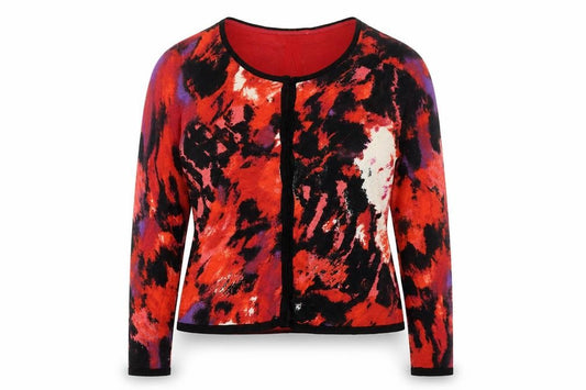 Front view of Marks & Spencer women’s multicoloured round neck geometric viscose cardigan jumper, size UK 14