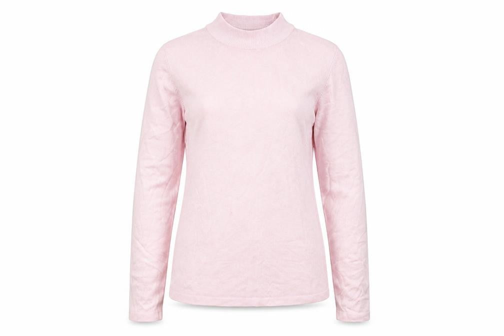 Front view of Marks & Spencer women’s pink round neck acrylic jumper, size UK 10