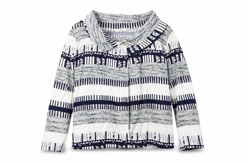 Front view of Vicabo women’s multicoloured collared geometric polyester cardigan jumper, size M