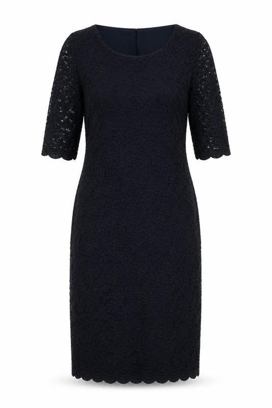 Front view of Marks & Spencer women’s blue geometric polyester a-line, size UK 12, round neck