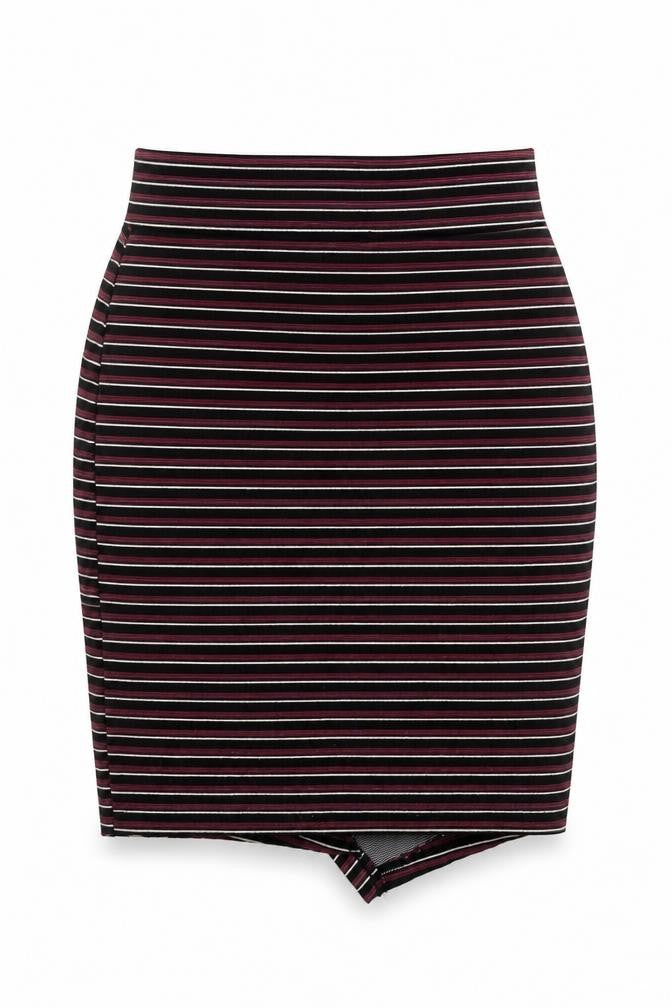 Front view of Atmosphere women’s multicoloured striped polyester a-line skirt, size UK 10