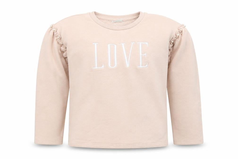 Front view of Matalan girls’ pink cotton pullover sweatshirt, size 9, years pullover - love