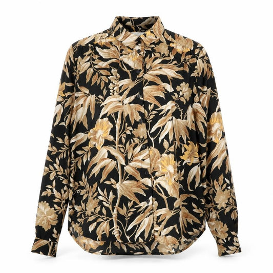 Front view of H&M women’s black floral polyester basic button-up, size UK 6, collared