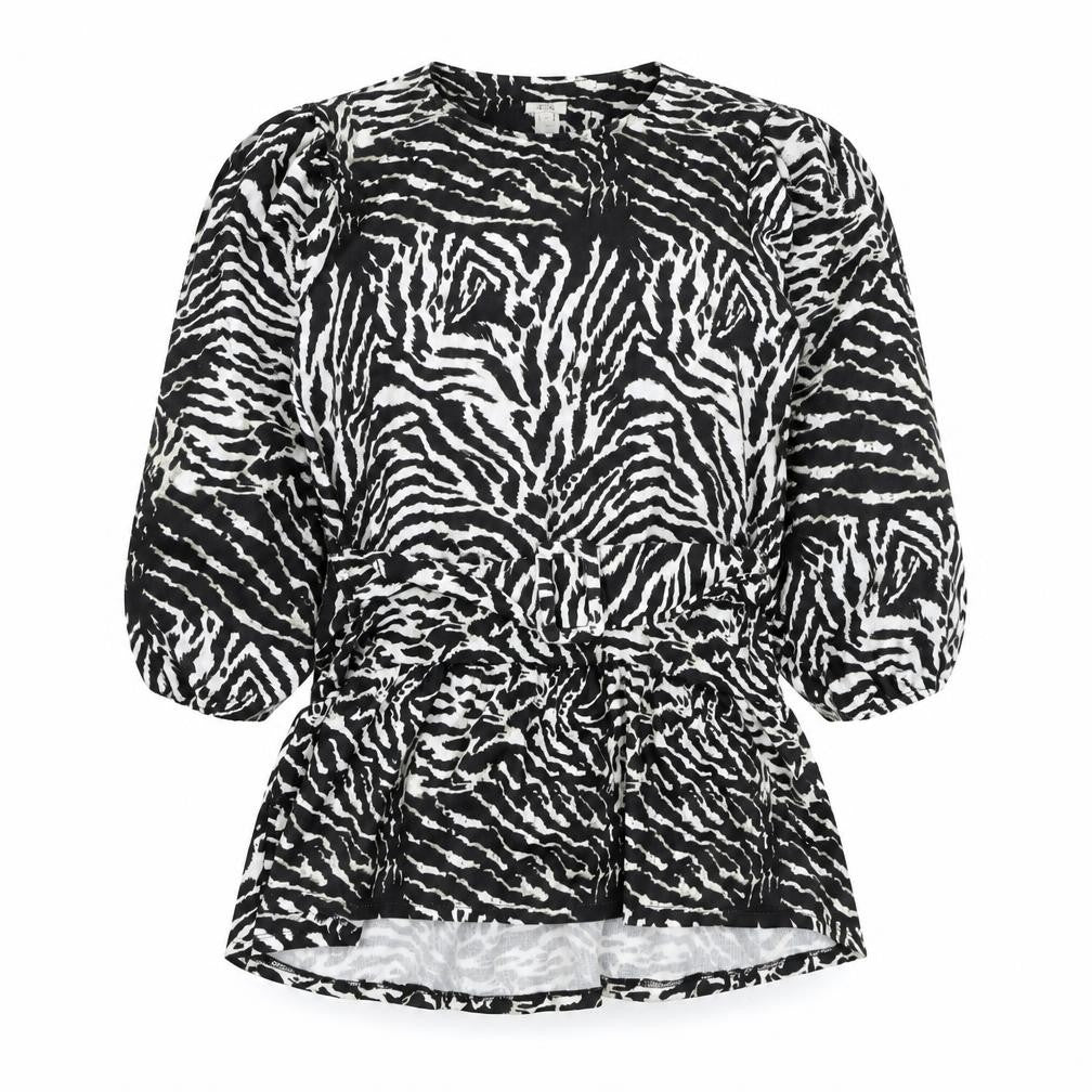 Front view of River Island women’s black animal print polyester basic blouse, size UK 8, round neck