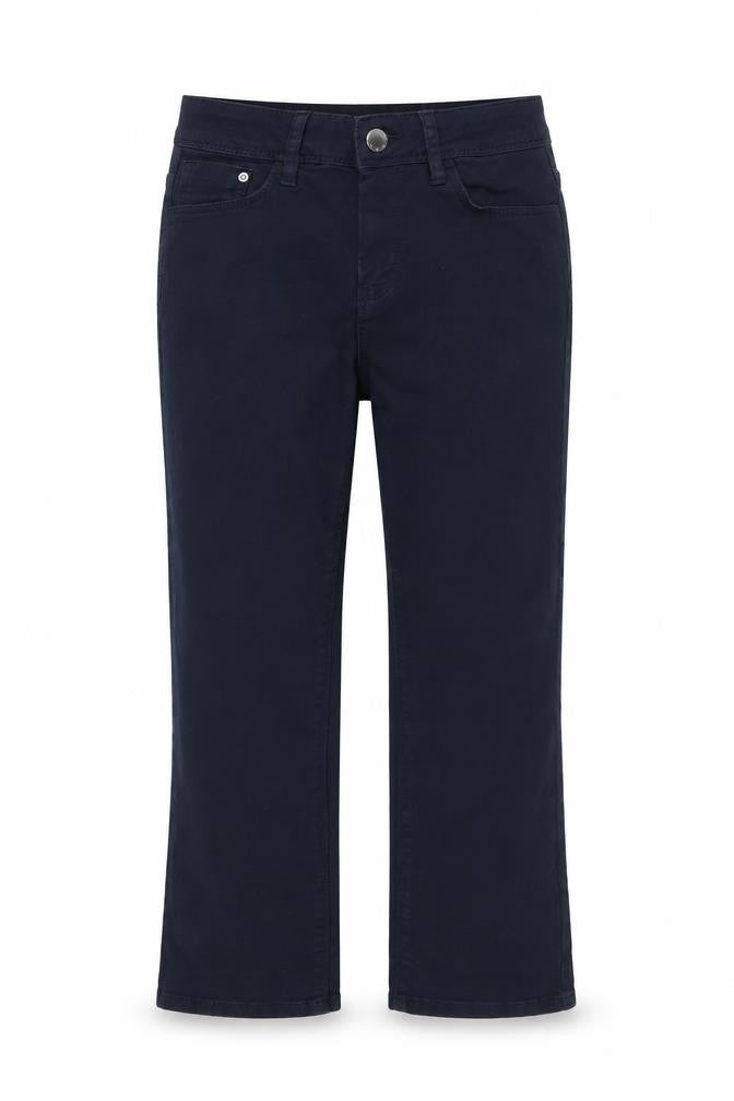 Front view of Cache Cache women’s blue polyester cropped jeans, size UK 24, in, 22-inch leg regular zip