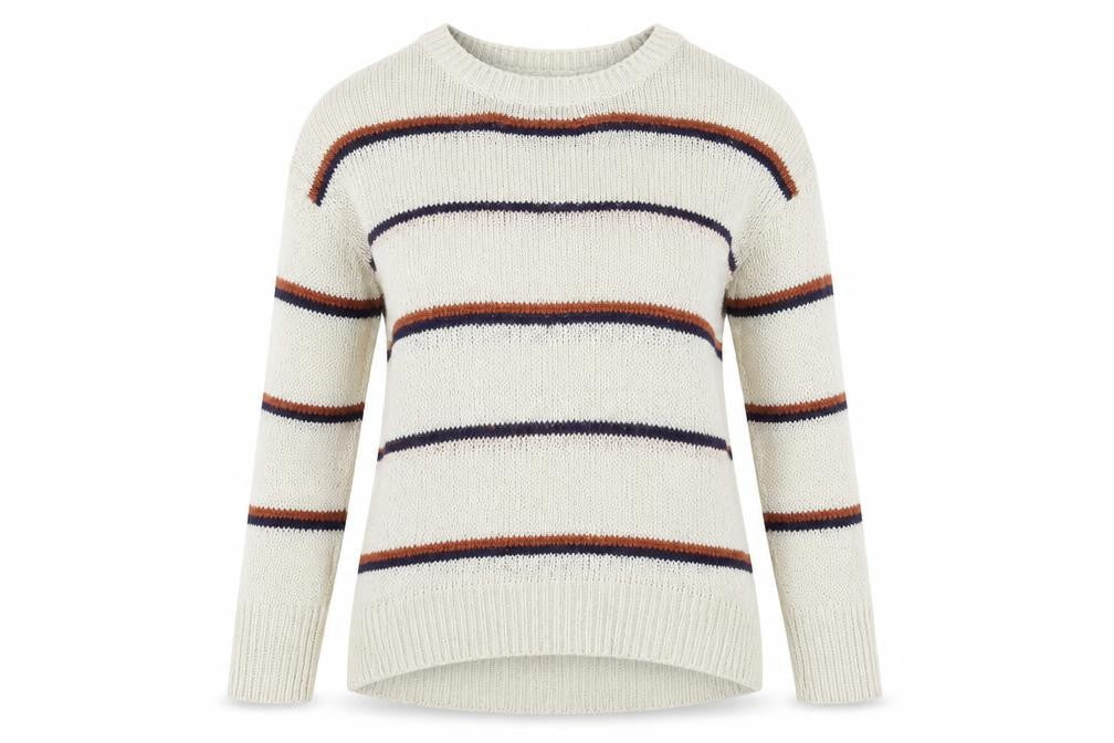 Front view of New Look women’s multicoloured round neck striped acrylic jumper, size S