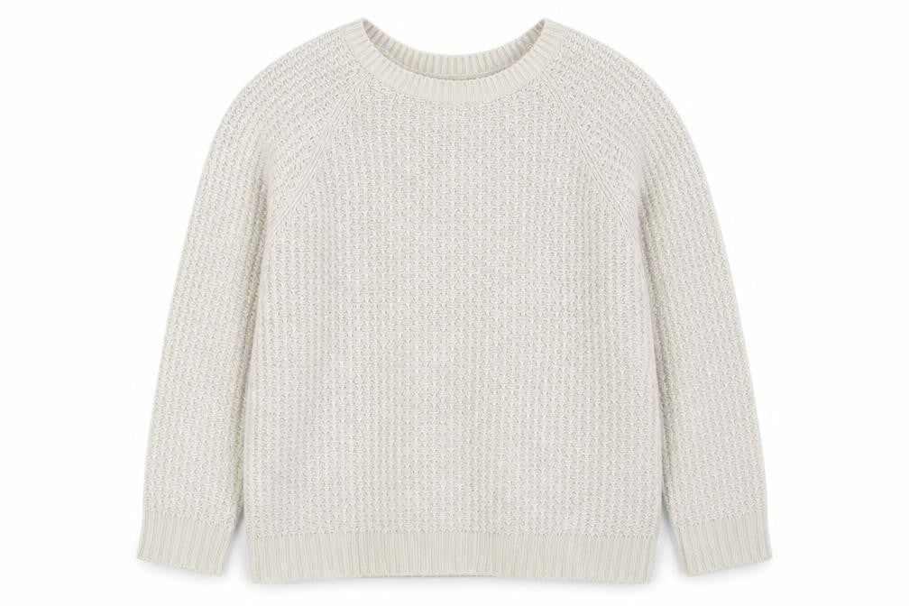 Front view of Monsoon women’s ivory round neck acrylic jumper, size M