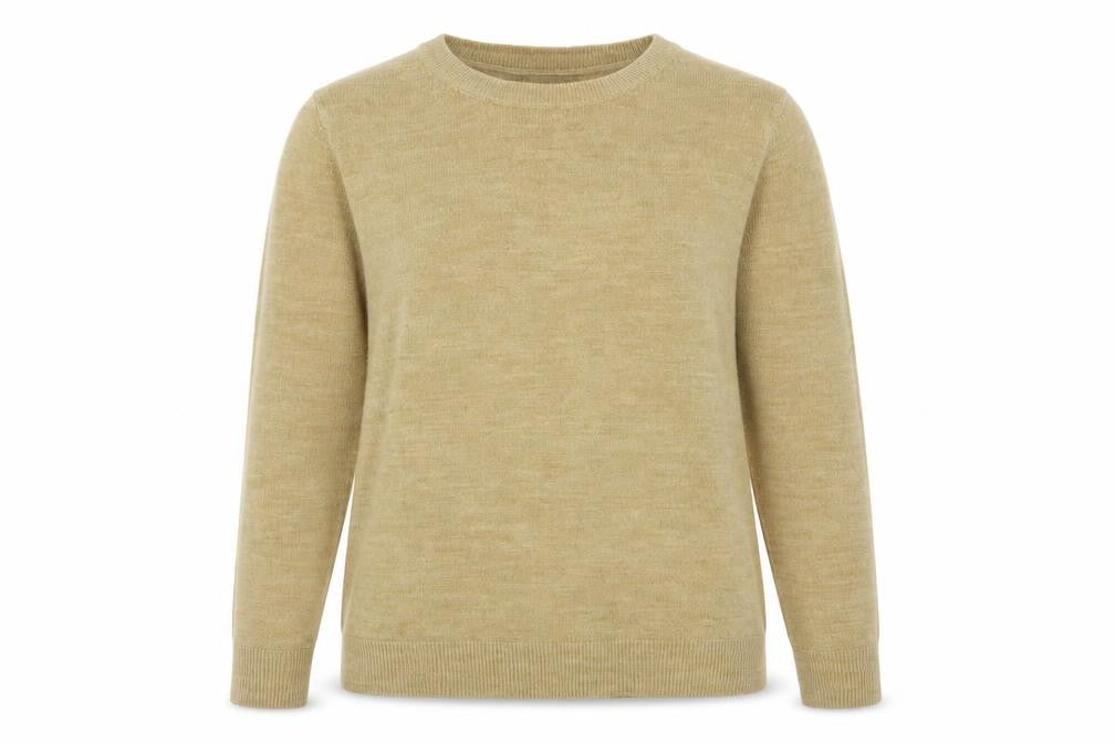 Front view of Marks & Spencer women’s beige round neck acrylic jumper, size UK 6