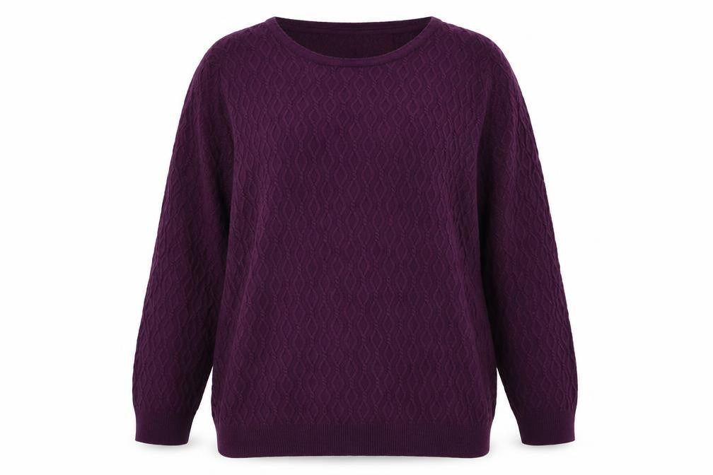 Front view of Country Casuals women’s purple round neck argyle/diamond cotton jumper, size M