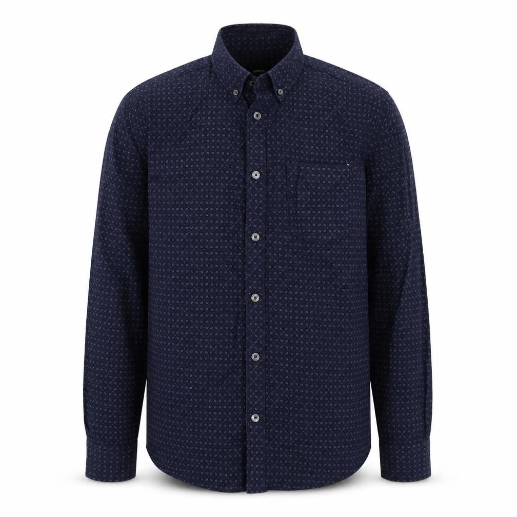 Front view of Burton men’s blue paisley cotton button-up, size S, collared