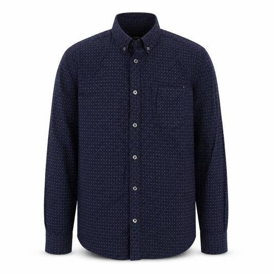 Front view of Burton men’s blue paisley cotton button-up, size S, collared