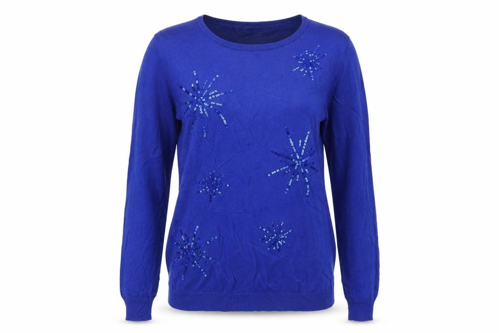 Front view of Damart women’s blue round neck viscose jumper, size UK 10