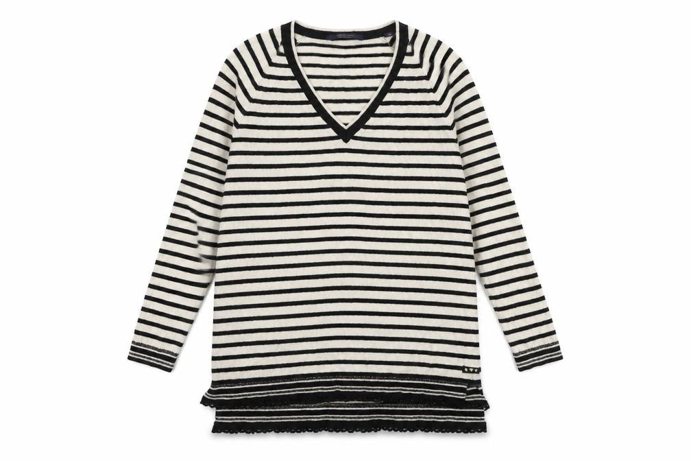 Front view of Scotch & Soda women’s ivory v-neck striped cotton jumper, size L