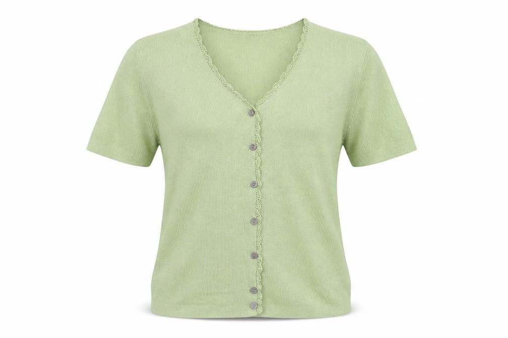 Front view of OPUS women’s green v-neck acrylic jumper, size S