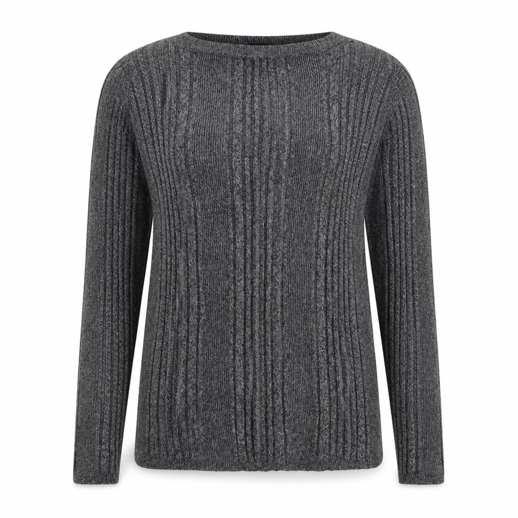 Front view of Marks & Spencer women’s grey round neck viscose jumper, size UK 14