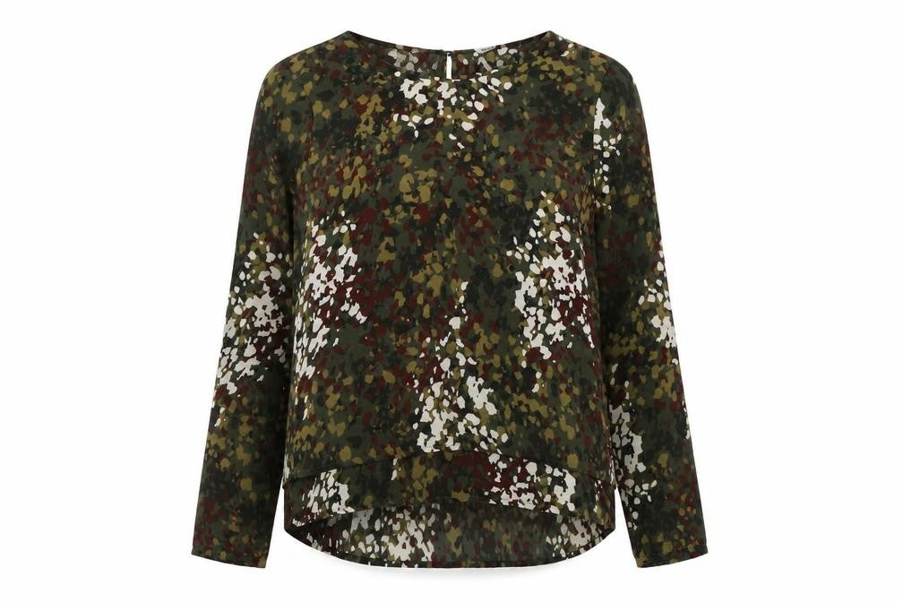 Front view of Silvian Heach women’s green camouflage polyester basic blouse, size S, round neck